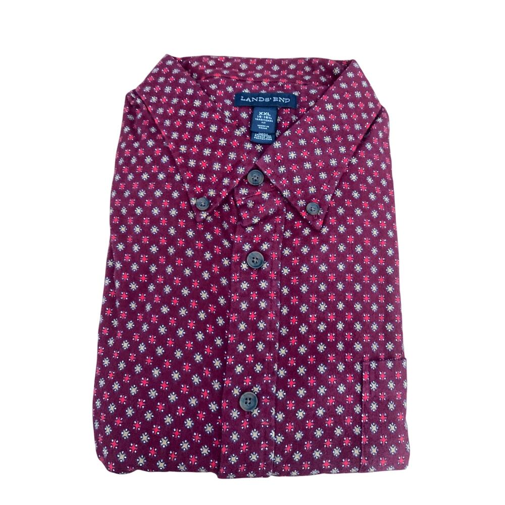 Land's End Mens Flannel Shirt XXL Collared Printed Burgundy Geometic Trad Fit